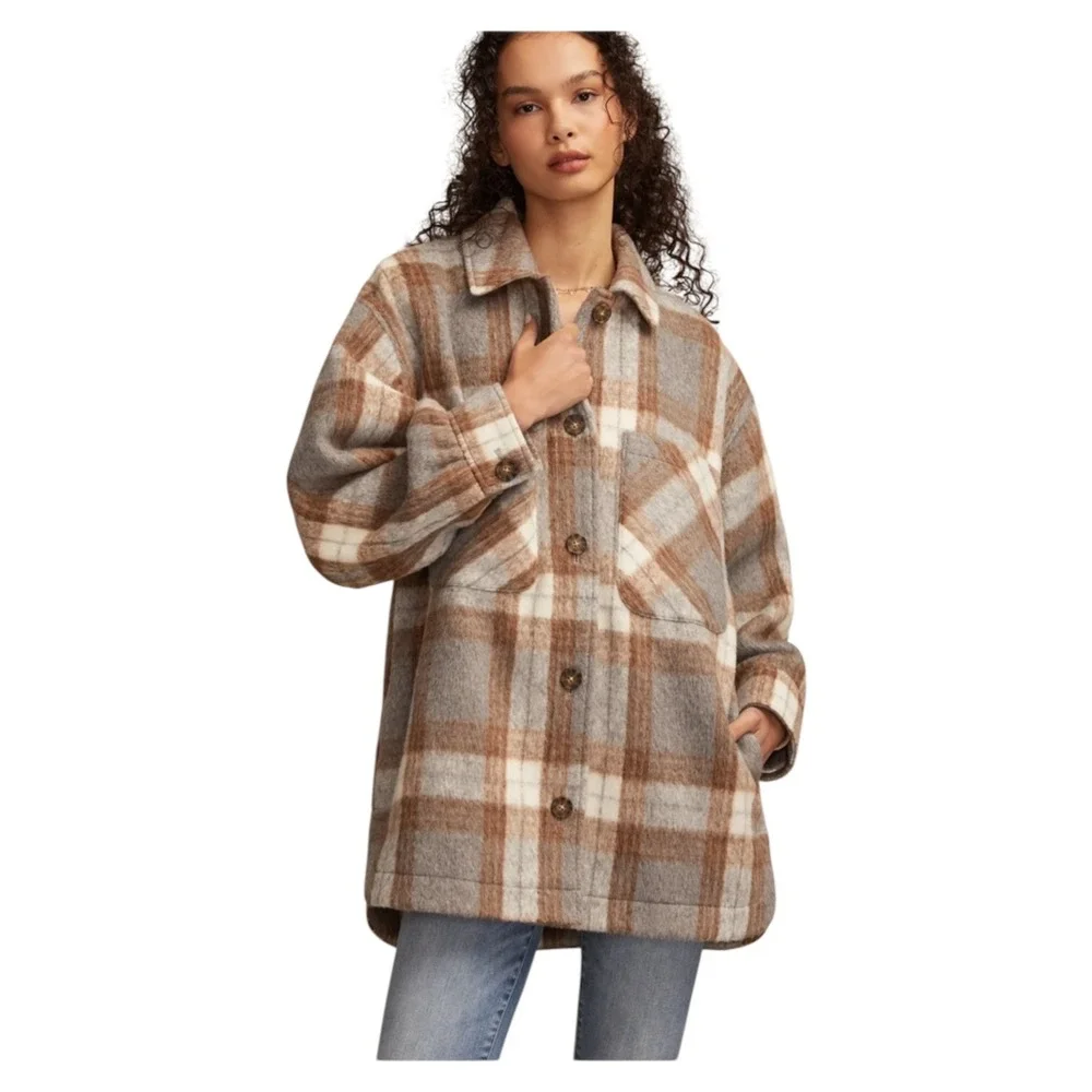 Lucky Brand Plaid Shacket Womens XL Grey Brown Oversize‎ Shirt Jacket New